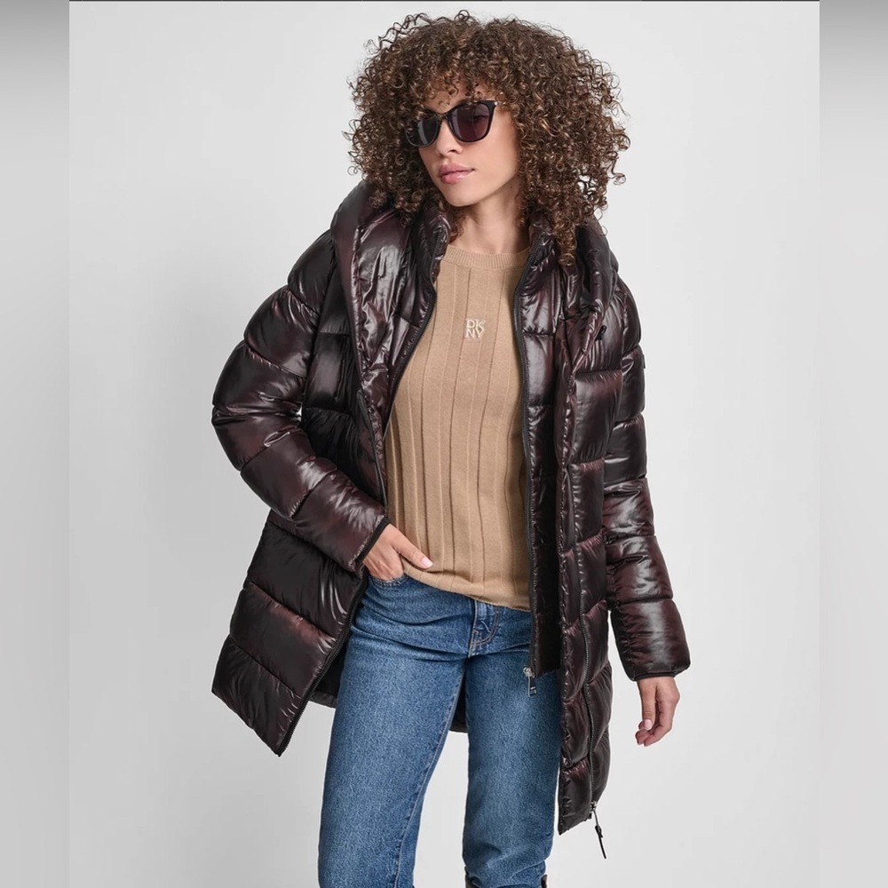 ❄️ DKNY Metallic burgundy Black Cherry 🍒 Bib Packable Shiny Bomber Jacket Coat - Picture 6 of 7